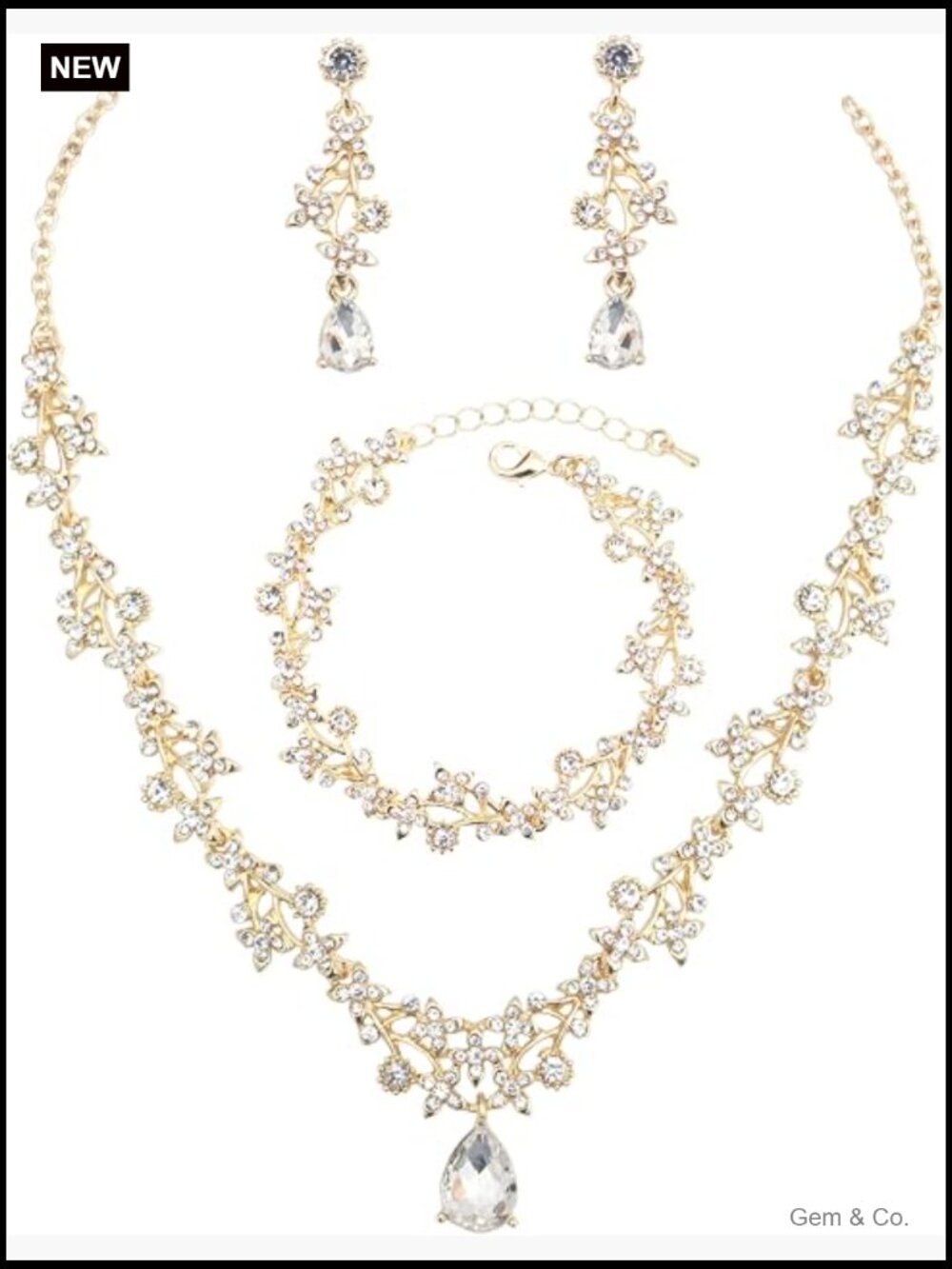 Bridal Jewelry Set Crystal Teardrop Necklace Earrings Bracelet Wedding Prom